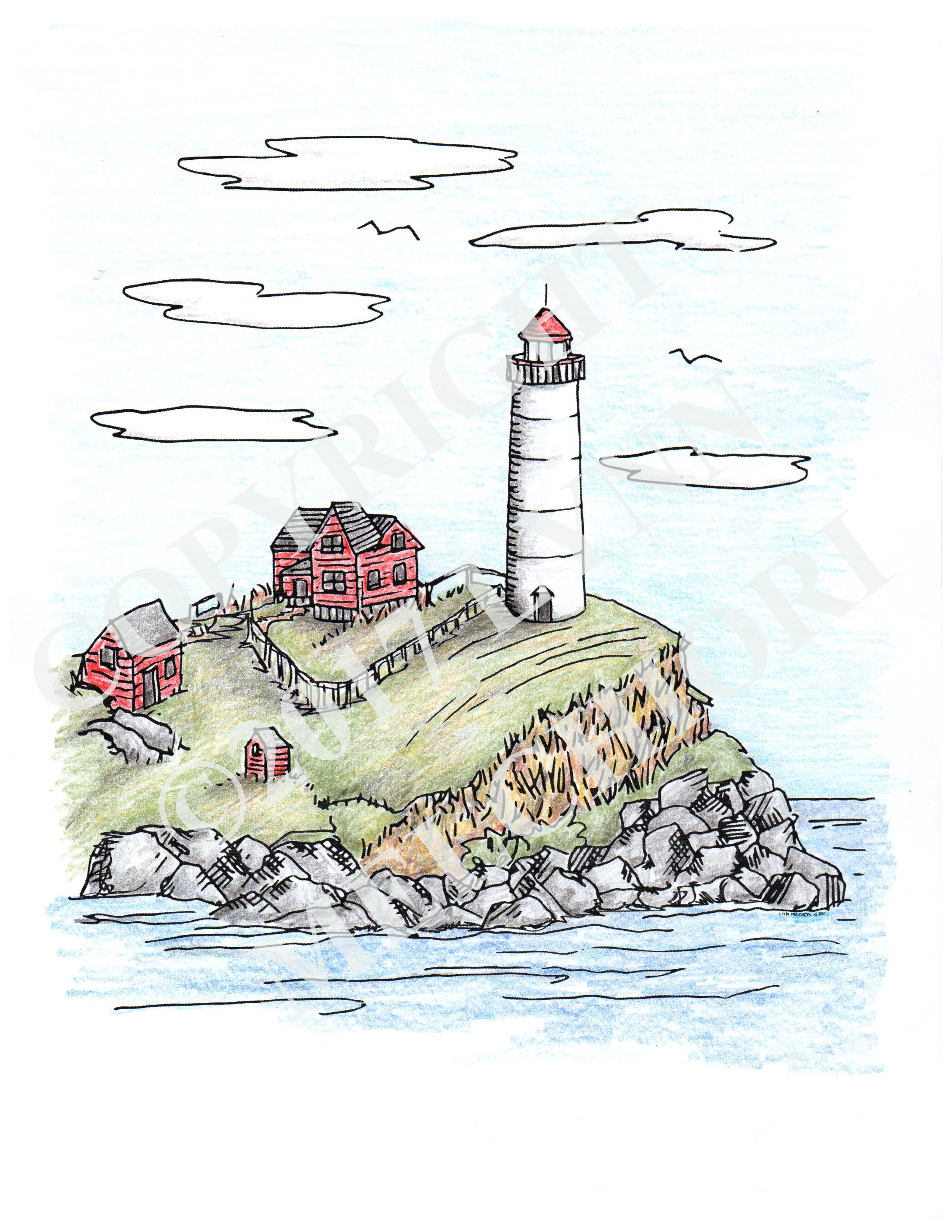 Drawing of a lighthouse on a cliff, colored in with colored pencil.  From the Sea & Shore coloring book
